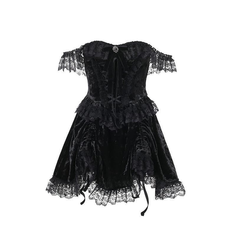 Solid velvet lace hem sleeveless ruffle lace up mini dress