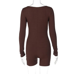 Ribbed notch neck long sleeve solid romper