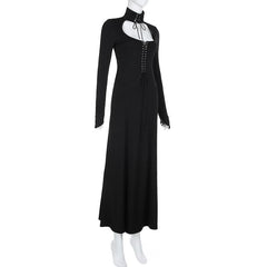 Lace up hollow out solid long sleeve maxi dress