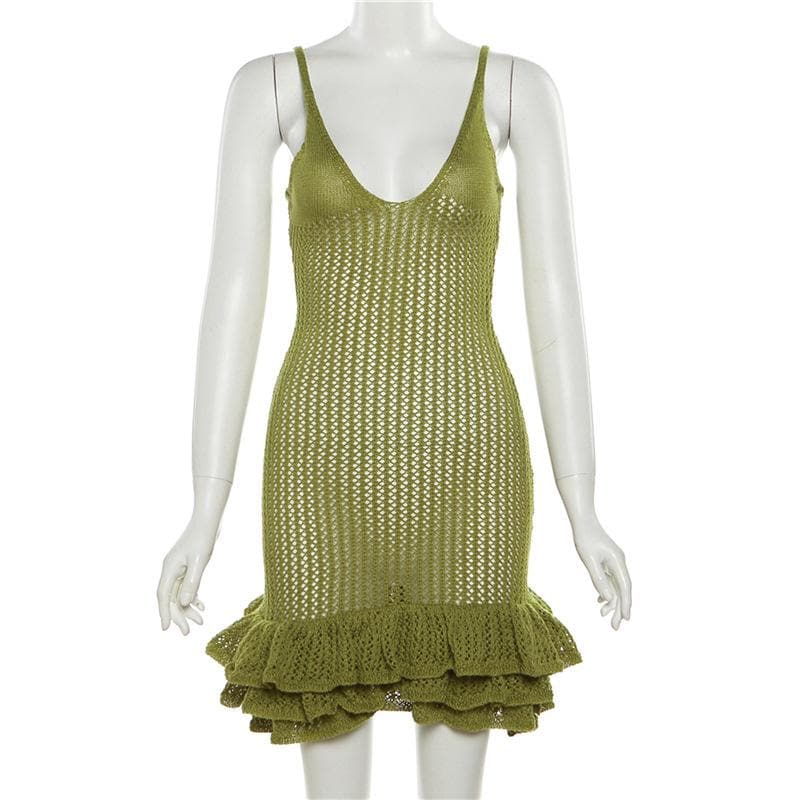 Crochet v neck sleeveless hollow out ruffle mini dress
