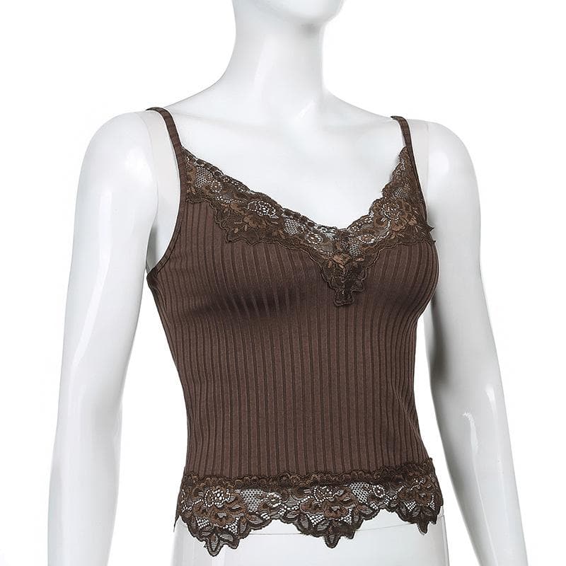 Ribbed hem lace V neck solid cami top