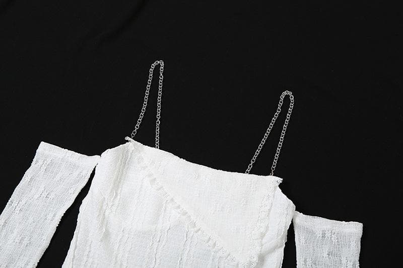 Textured solid long sleeve metal chain lace hem off shoulder top