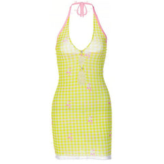 Sheer mesh plaid contrast print halter ruffle backless mini dress