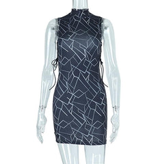 Sleeveless contrast hollow out lace up self tie mini dress