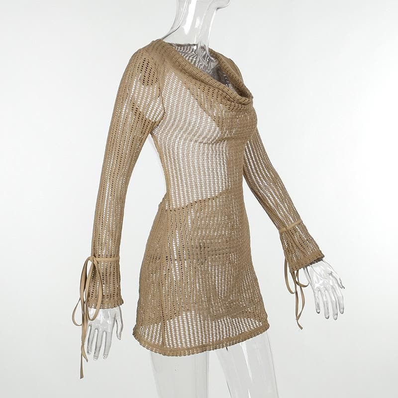 Crochet see through cowl neck long sleeve hollow out mini dress
