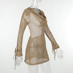 Crochet see through cowl neck long sleeve hollow out mini dress