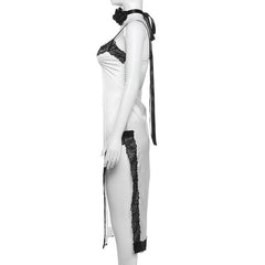 Lace hem satin ribbon high slit flower applique cami mini dress