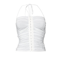 Button ruched solid halter backless crop top