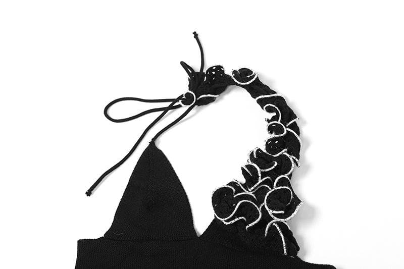 Crochet ruffle irregular halter contrast v neck backless mini skirt set