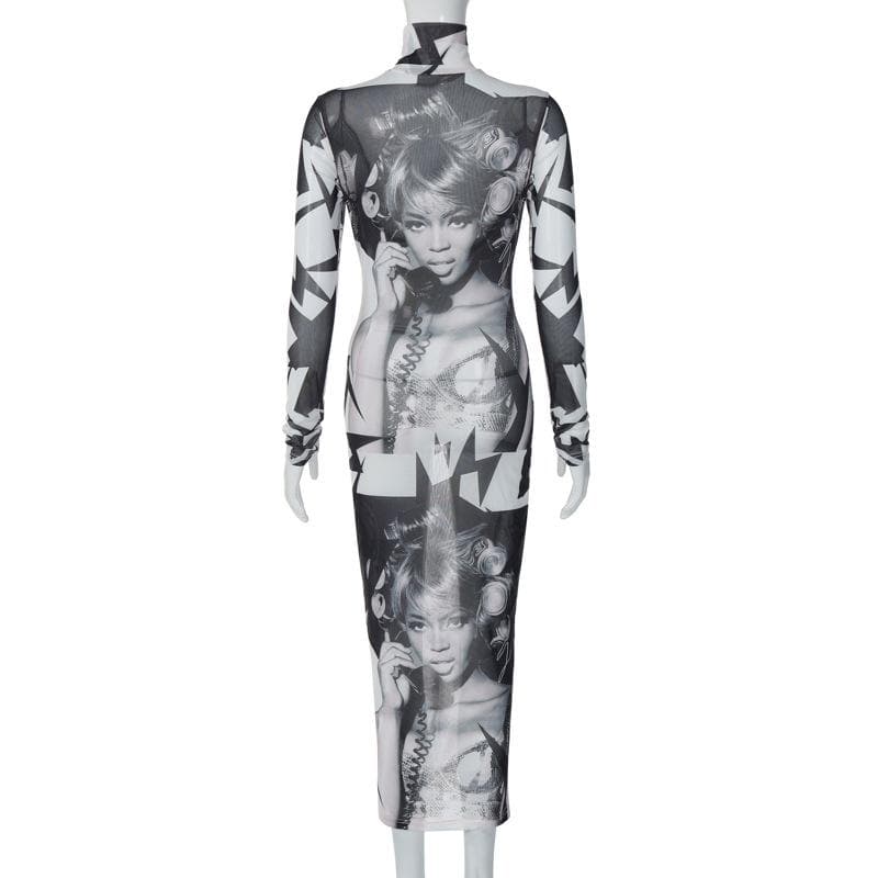 Abstract print sheer mesh see through high neck long sleeve maxi dress