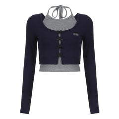 Bowknot contrast patchwork long sleeve halter top