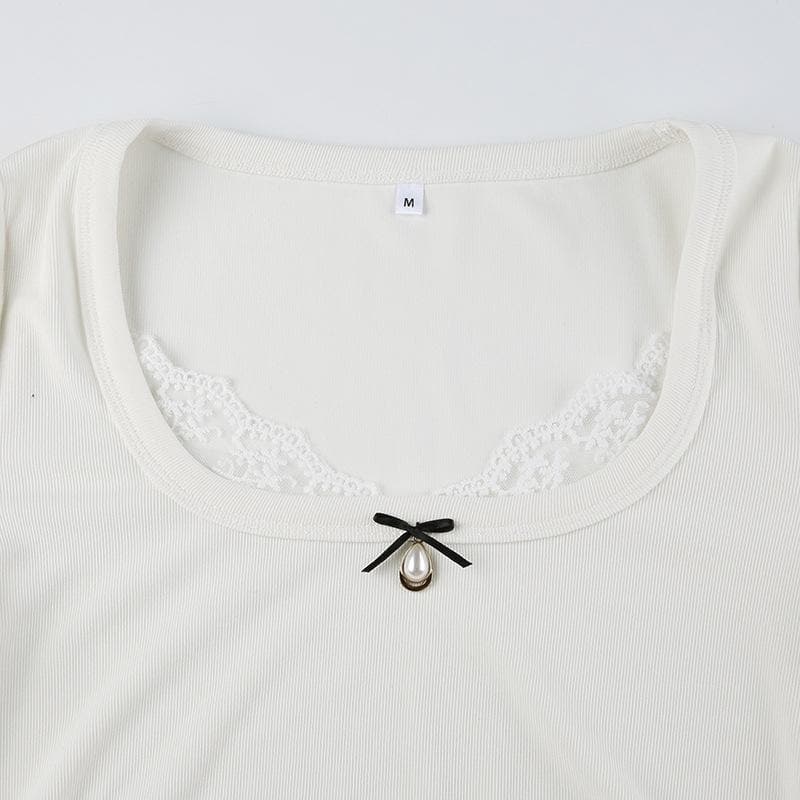 Ribbed solid lace hem long sleeve ruffle bowknot top