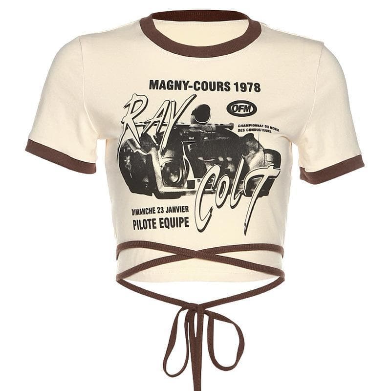 Short sleeve print self tie back crop top