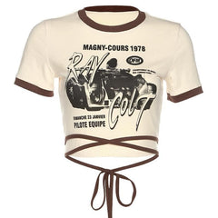 Short sleeve print self tie back crop top