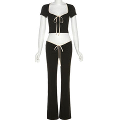 Contrast self tie v neck short sleeve low rise pant set