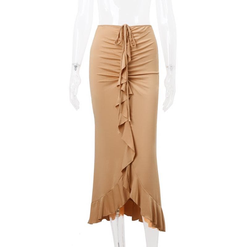 Ruffle solid ruched self tie low rise midi skirt