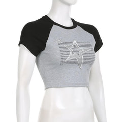 Ribbed patchwork star pattern contrast short sleeve crop top