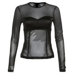 Mesh solid long sleeve corset patchwork crewneck top