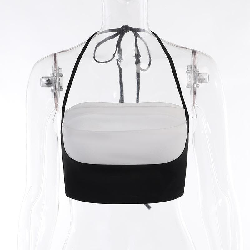 Pleated contrast patchwork halter backless crop top
