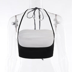 Pleated contrast patchwork halter backless crop top