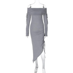 Drawstring off shoulder irregular long sleeve solid midi dress