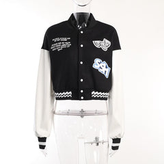 Embroidery contrast button patchwork high neck coat top