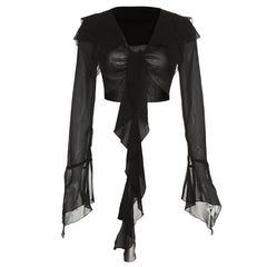 Solid long sleeve turnover collar bowknot self tie crop top