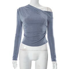 Solid off shoulder long sleeve irregular ruched top