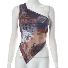 One shoulder irregular contrast print top