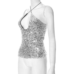 Cross front halter self tie glitter hollow out backless cut out top