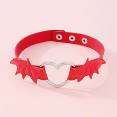 Wing heart ring button PU choker necklace