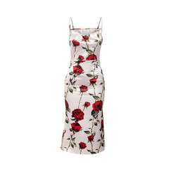 Rose flower print satin contrast cowl neck backless zip-up cami midi dress