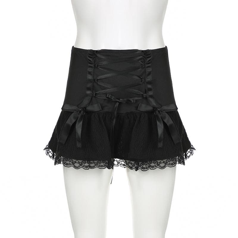 Lace up ruched lace hem solid bowknot low rise mini skirt