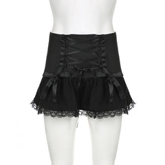 Lace up ruched lace hem solid bowknot low rise mini skirt