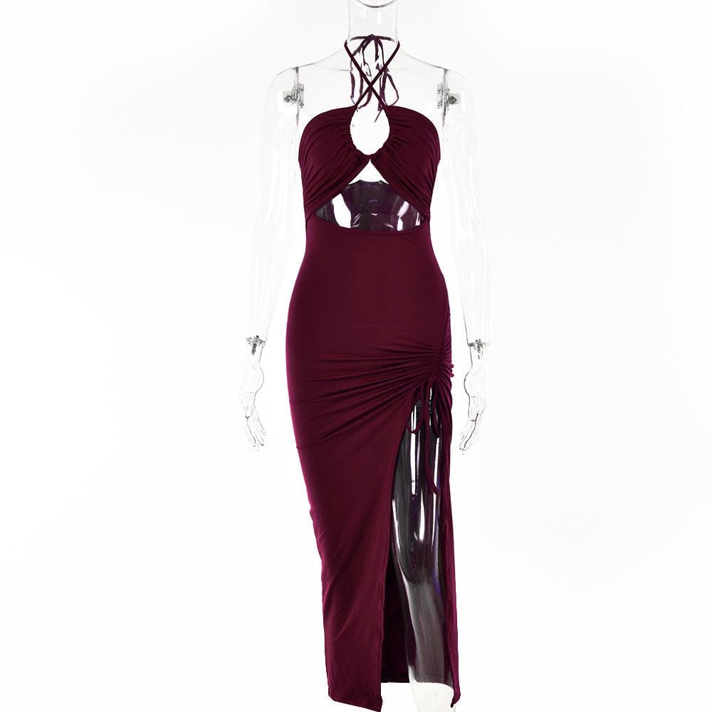 Drawstring halter self tie backless slit hollow out ruched midi dress