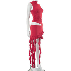 Hollow out irregular ribbon sleeveless high neck mini dress