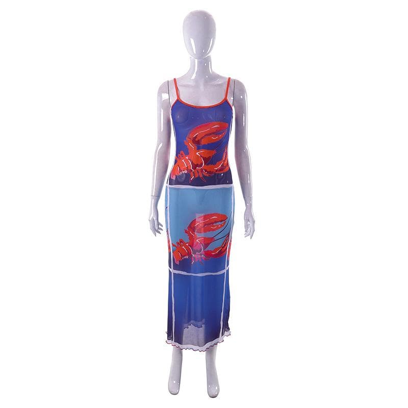 Sheer mesh lobster see through contrast print ruffle cami midi dress