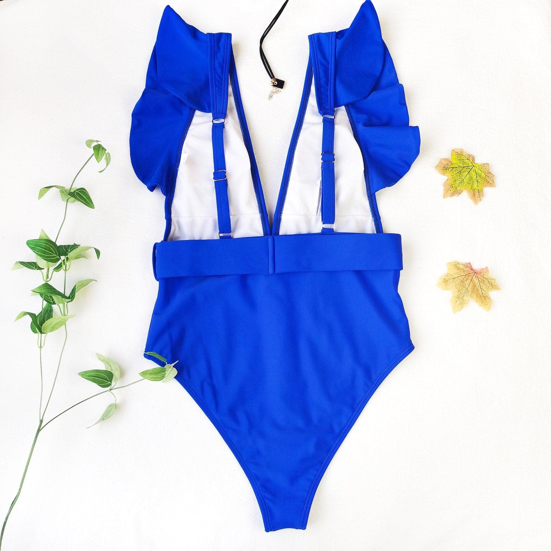 V neck ruffled one piece swimwear