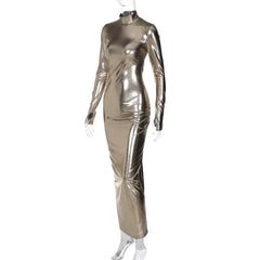 Metallic long sleeve high neck gloves backless ruched maxi dress