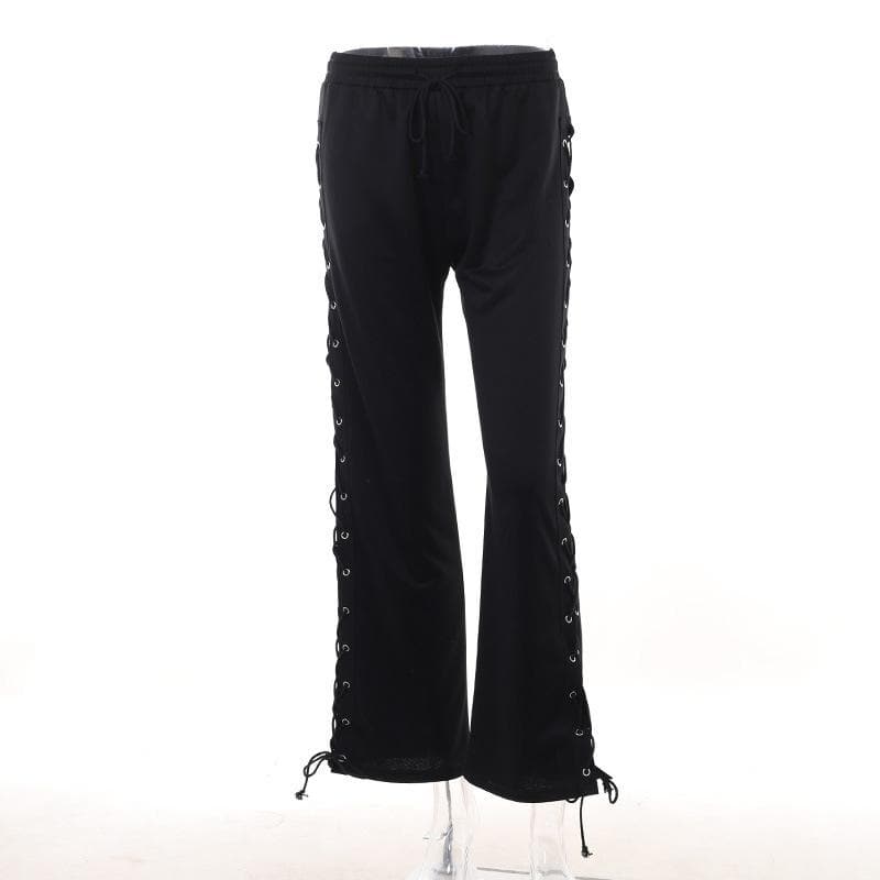 Lace up solid hollow out medium rise pant