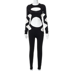 Hollow out long sleeve crewneck solid jumpsuit