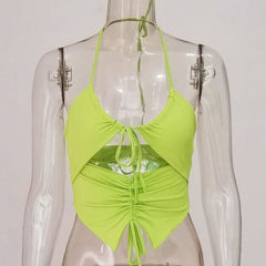 Double layered halter drawstring hollow out ruched solid crop cut out top