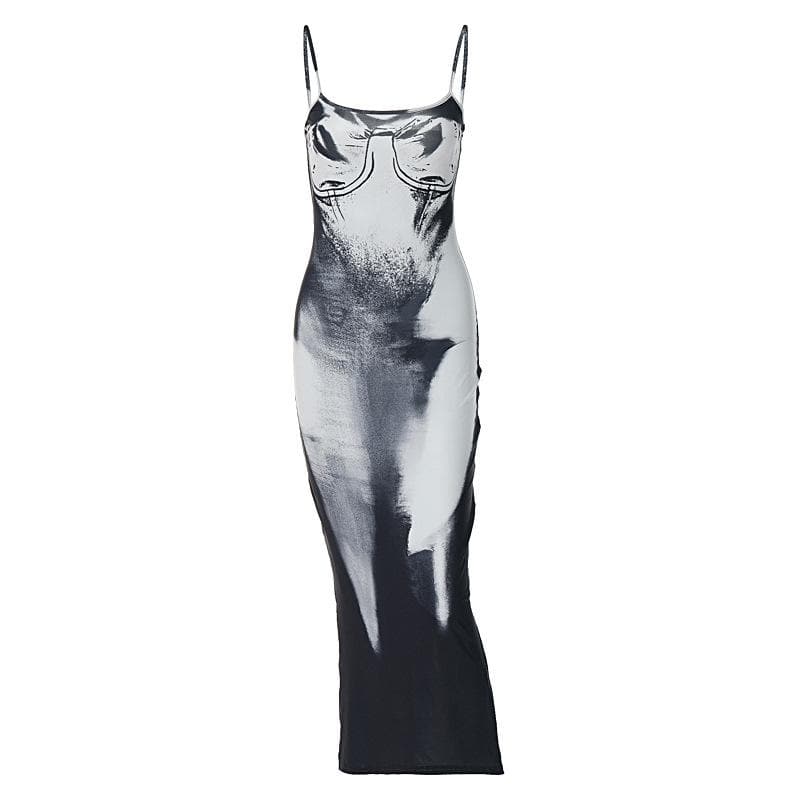 Square neck contrast print backless slit cami maxi dress