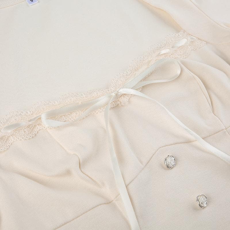 Square neck lace hem button solid long sleeve top