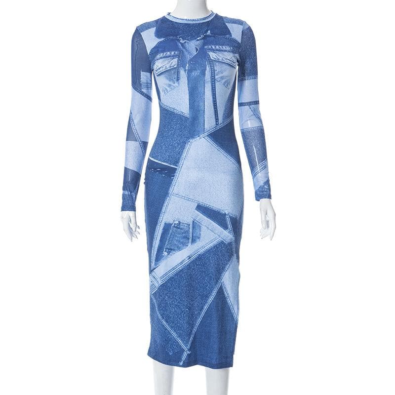 Denim print long sleeve contrast crewneck slit midi dress