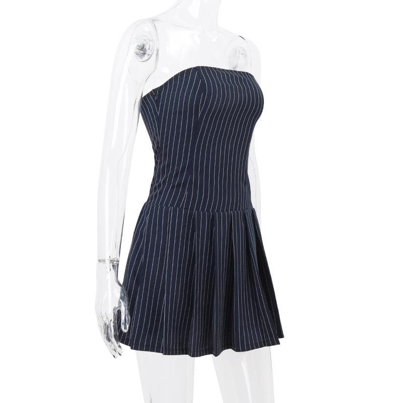 Pleated smocked striped zip-up backless tube mini dress