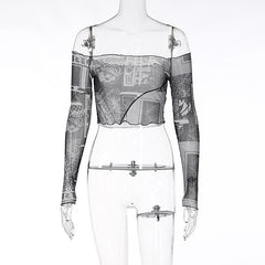 Sheer mesh see through off shoulder stitch contrast crop top