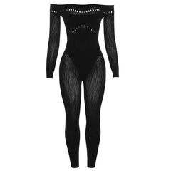 Hollow out off shoulder fishnet long sleeve solid jumpsuit