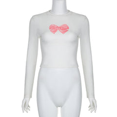 Bowknot pattern contrast long sleeve crewneck top