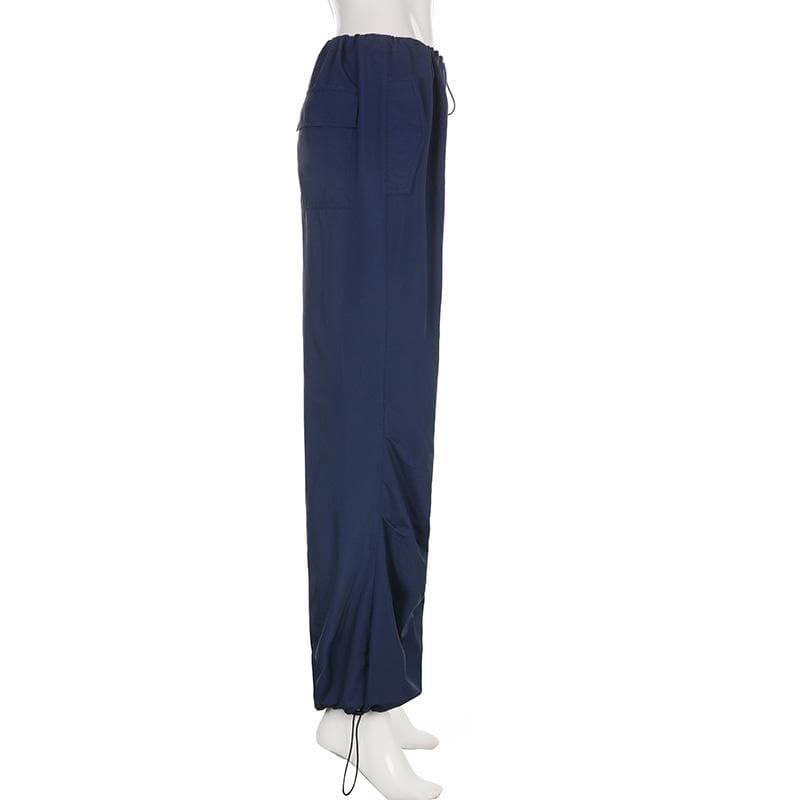 Drawstring solid low rise pocket wide leg baggy pant